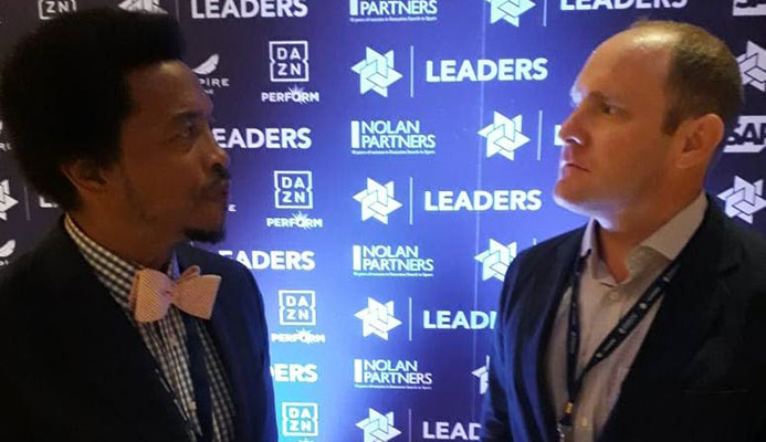 TTOC President Brian Lewis, left, chats with Whitney Kirkland, Partner, Firebrand Event Productions, at the 5th annual Leaders Sport Business Summit in New York last month.