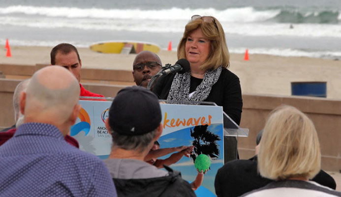 ANOC Secretary General Gunilla Lindberg at today’s press conference at Mission Beach, San Diego – venue for the inaugural ANOC World Beach Games
