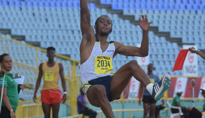 Andwuelle Wright from Signal Hill jumps his way to a new national men's long jump record at the 2018 NGC/Sagicor National Open Championships at the Hasely Crawford stadium in Port of Spain, last year. PHOTO BY ANDRE DE GANNES