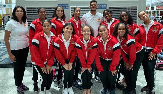 The TT Under-16 girls team with staff before leaving Trinidad to compete at the 2019 Sunshine State Games Water Polo Championships in Florida.