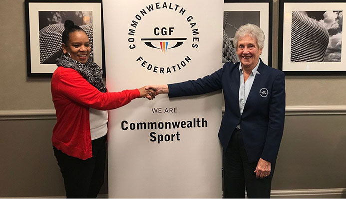 Commonwealth Games Federation President Dame Louise Martin, right,  and T&T Olympic Committee vice-president, Annette Knott.