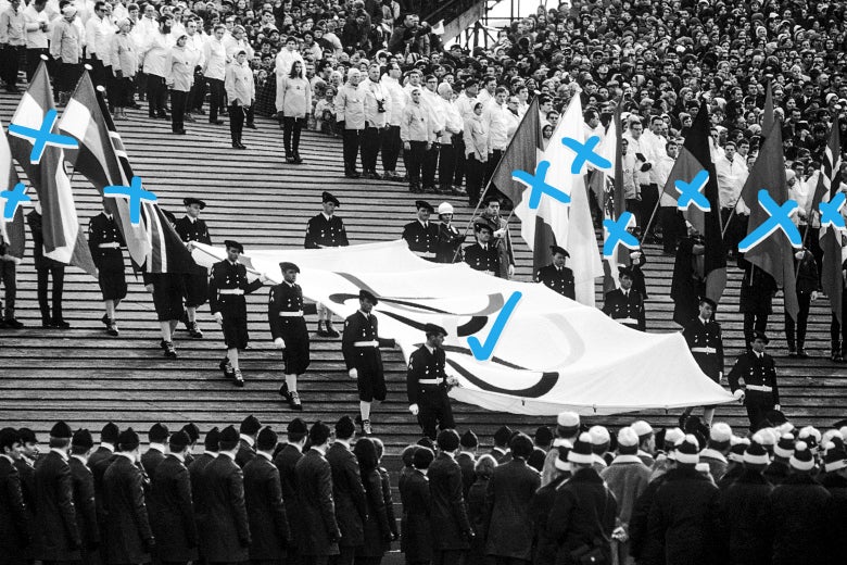 Presentation of Olympic flag during the opening ceremony of the 1968 Winter Olympics on Feb. 6, 1968, in Grenoble, France. Phot illustration by Slate. Photo by Robert Riger/Getty Images.
