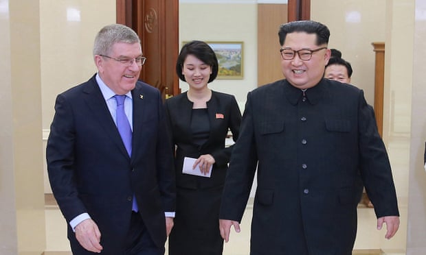 Thomas Bach, the president of the IOC, with Kim Jong-un. North Korea resumed missile testing six months after the Pyeongchang Winter Olympics. Photograph: KCNA/EPA