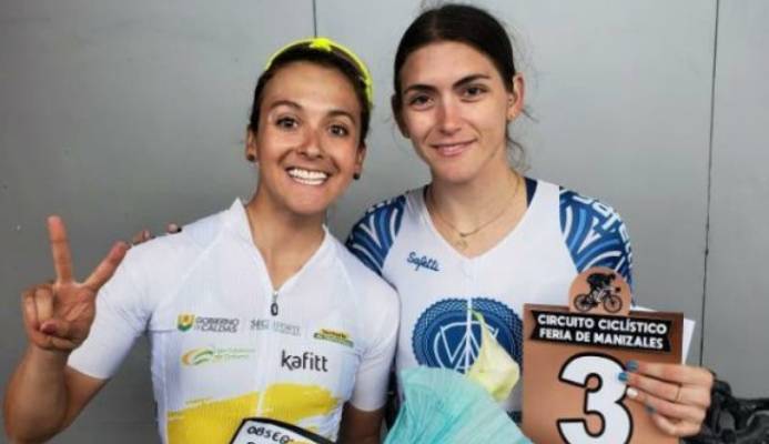 TT's Alexi Costa, right, celebrates her third place finish at the Feria de Manizales Cycling Circuit in Colombia on Monday. At left is gold medallist, Diana Carolina, of Colombia. - Photo courtesy Alexi Costa