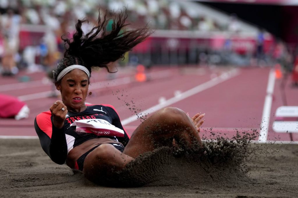 Tyra Gittens, of Trinidad and Tobago, competes in the qualification rounds of the women’s long jump at the 2020 Summer Olympics, in Tokyo, on Sunday. AP PHOTO -