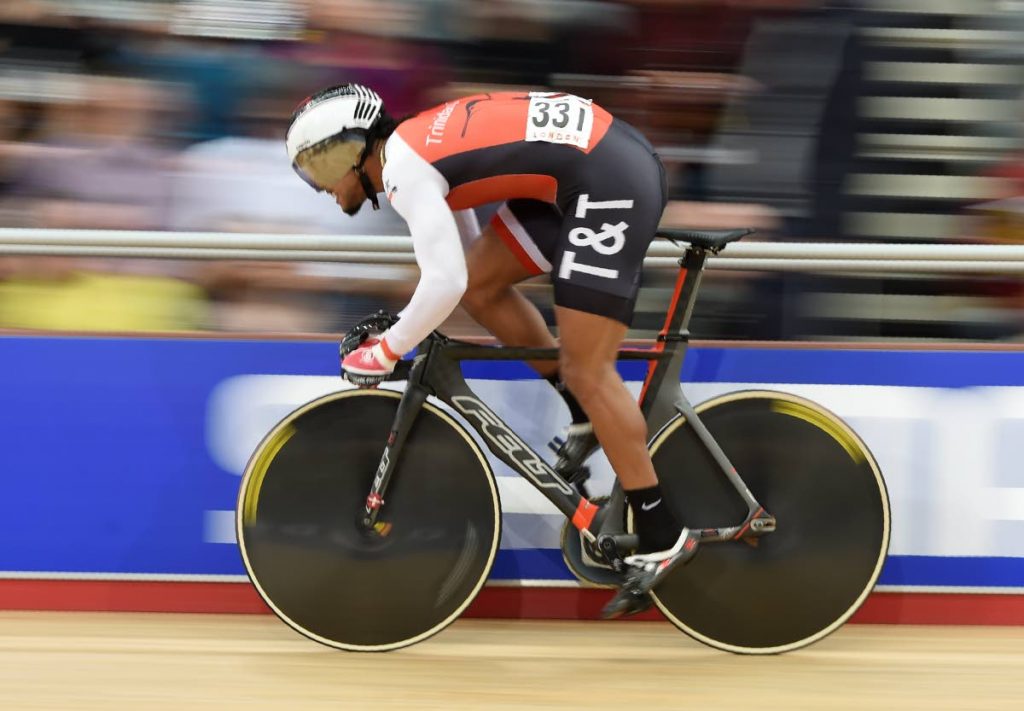 In this March 4, 2016 file photo, TT's Njisane Phillip competes in the Men's Sprint qualifying during the 2016 Track Cycling World Championships at the Lee Valley VeloPark in London. -