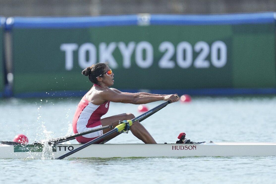 SAVOURING EVERY MOMENT: Felice Aisha Chow of Trinidad and Tobago competes during the women’s rowing single sculls repechage at the 2020 Summer Olympics, yesterday, in Tokyo, Japan. —Photo: AP