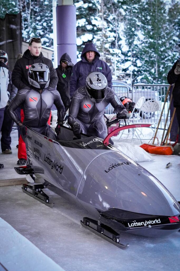 Trinidad and Tobago bobsledders Axel Brown (R) and Shakeel John compete, on Saturday, at the North American Cup in Park City, Utah. - via Axel Brown (Image obtained via newsday.co.tt)