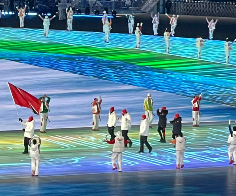 Team Trinidad and Tobago entered the National Stadium in Beijing on Friday at the opening ceremony of the 2022 Winter Olympic Games. (Photo credit - Team TTO)