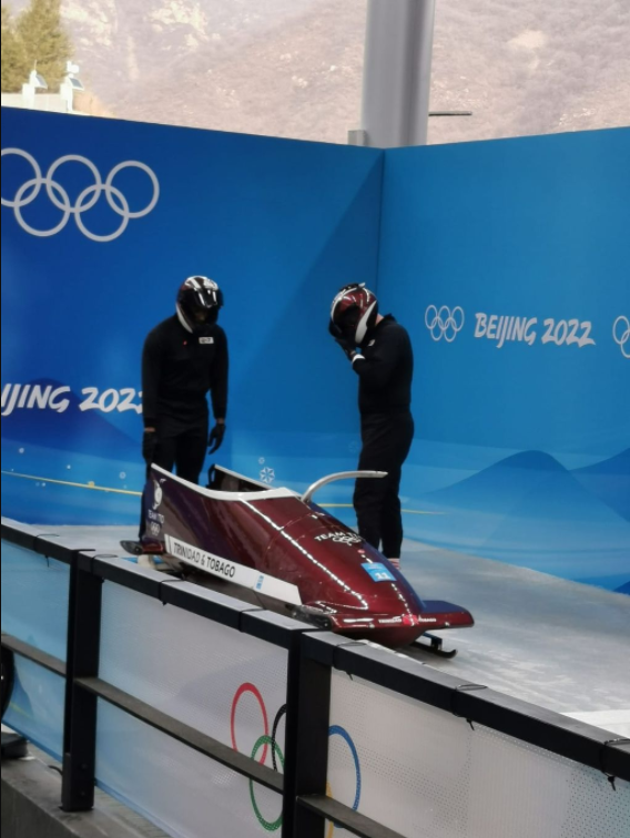T&T’s two-man Bobsliegh team of Axel Brown and Andre Marcano during yesterday’s event at the 2022 Beijing Winter Games in China.