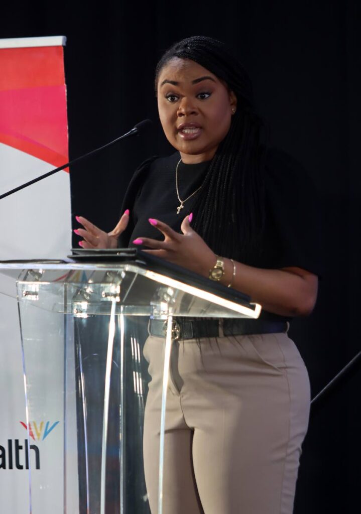 Minister of Sport and Youth Affairs Shamfa Cudjoe addresses a session with Commonwealth Youth Games volunteers at the National Racquet Centre, Tacarigua on Saturday. - Angelo Marcelle (Photo obtained at newsday.co.tt)