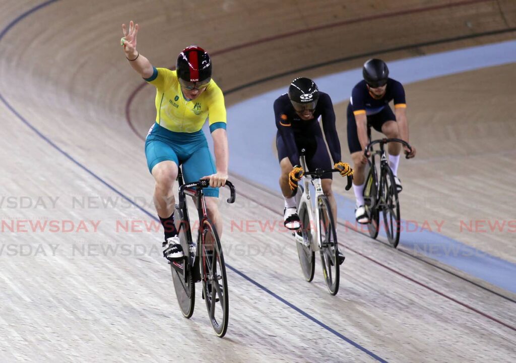 Australia’s Tate Ryan (L) celebrates after winning the men’s keirin at the 2023 Commonwealth Youth Games, on Thursday, at the National Cycling Centre, Balmain, Couva. - Lincoln Holder (Image obtained at newsday.co.tt)