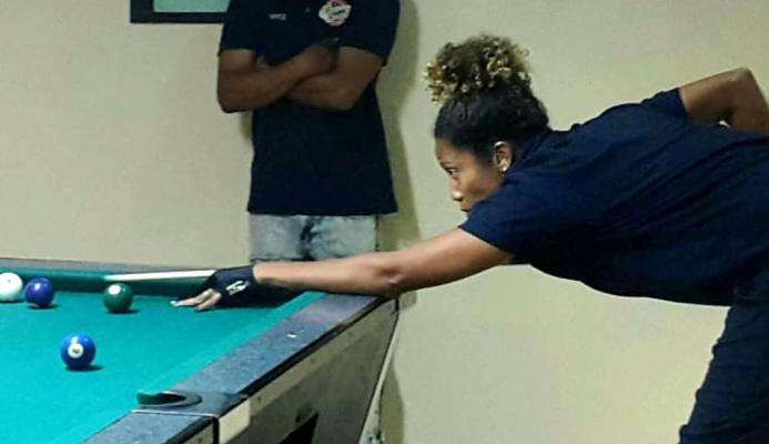 Upper Deck's Priya Gomes who defeated Sunil “Elvis” Roopnarine 3-1 to help her team beat Fearless in Round 17 of the Billiards Sports Organisation’s National Pool League 10-Ball competition on Wednesday evening at the Dekko Sports Bar in Princes Town.