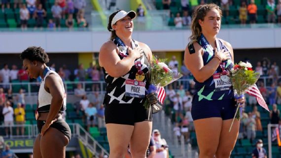 USA Track and Field said the anthem has been scheduled to play at around 5:20 p.m. every evening at trials. On Saturday, the music started at 5:25, while the hammer throwers, including third-place finisher Gwen Berry, left, were on the podium. AP Photo/Charlie Riedel