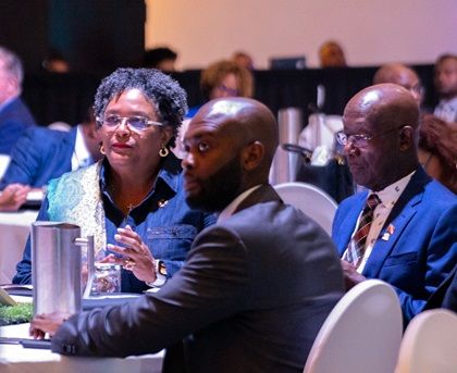 Barbados Prime Minister Mia Mottley (left), Cricket West Indies president Dr Kishore Shallow (centre), and Trinidad & Tobago Prime Minister Dr Keith Rowley during the Caricom conference on West Indies cricket on Thursday. (PMO Barbados photo) (Image obtained at guardian.co.tt)